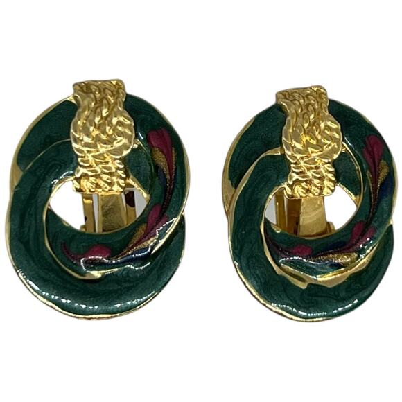 Vintage Enamel Clip-On Earrings, USA Green/Red/Blue/Gold 1" x 1.25" - Picture 1 of 5